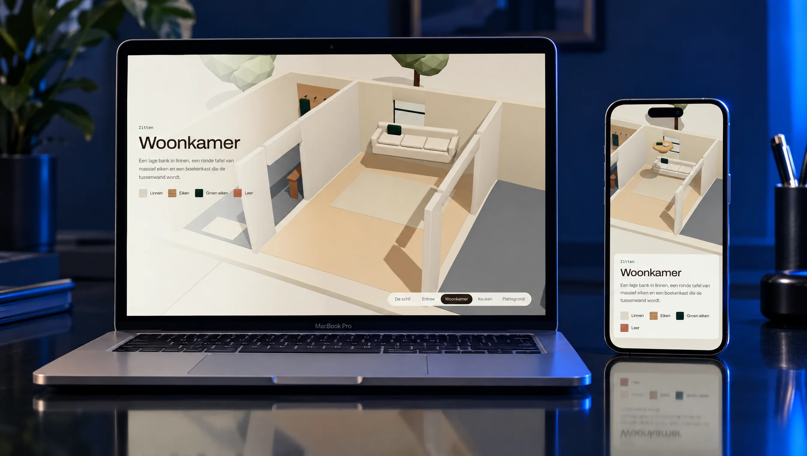 Laptop en telefoon met Daalwerk: een isometrische maquette van een woonkamer met bank, ronde tafel en groene kast