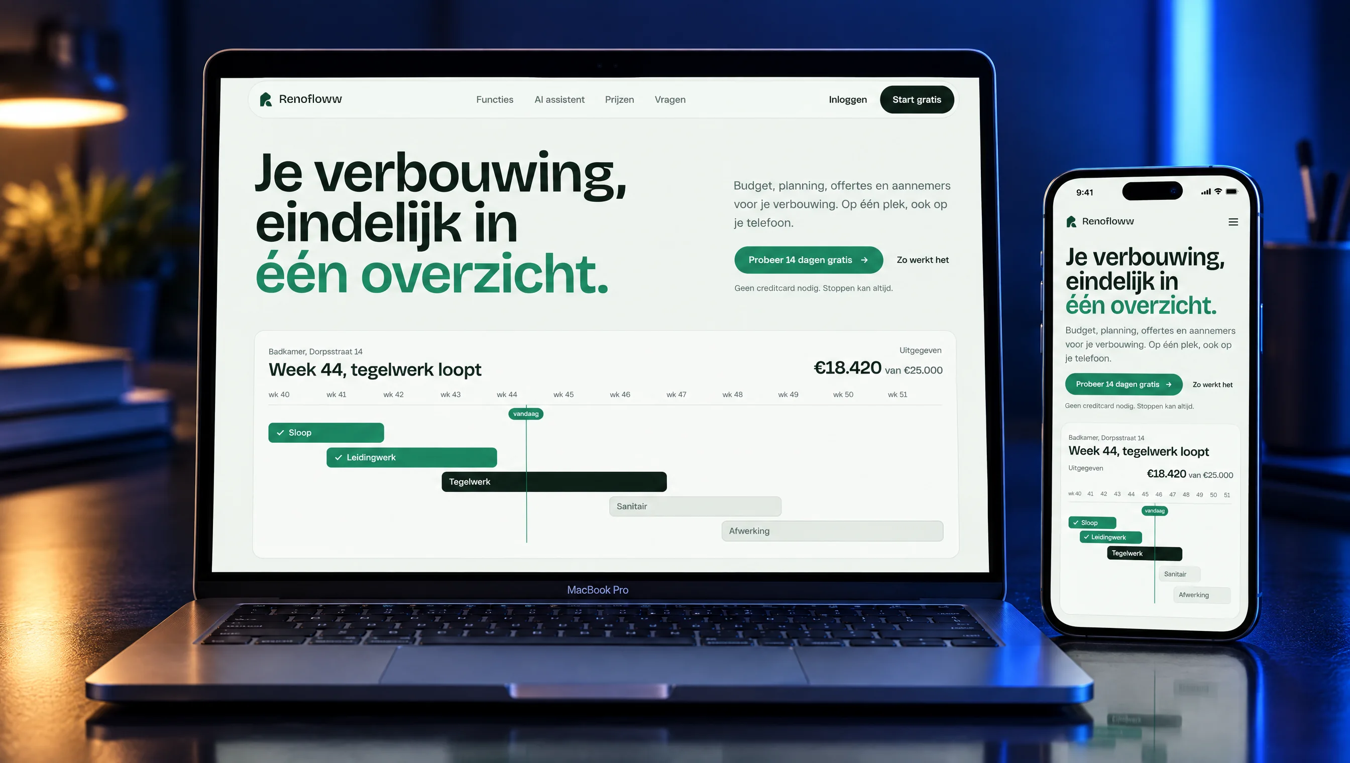 Laptop en telefoon met Renofloww: de kop 'Je verbouwing, eindelijk in één overzicht' boven een weekplanning van een badkamer