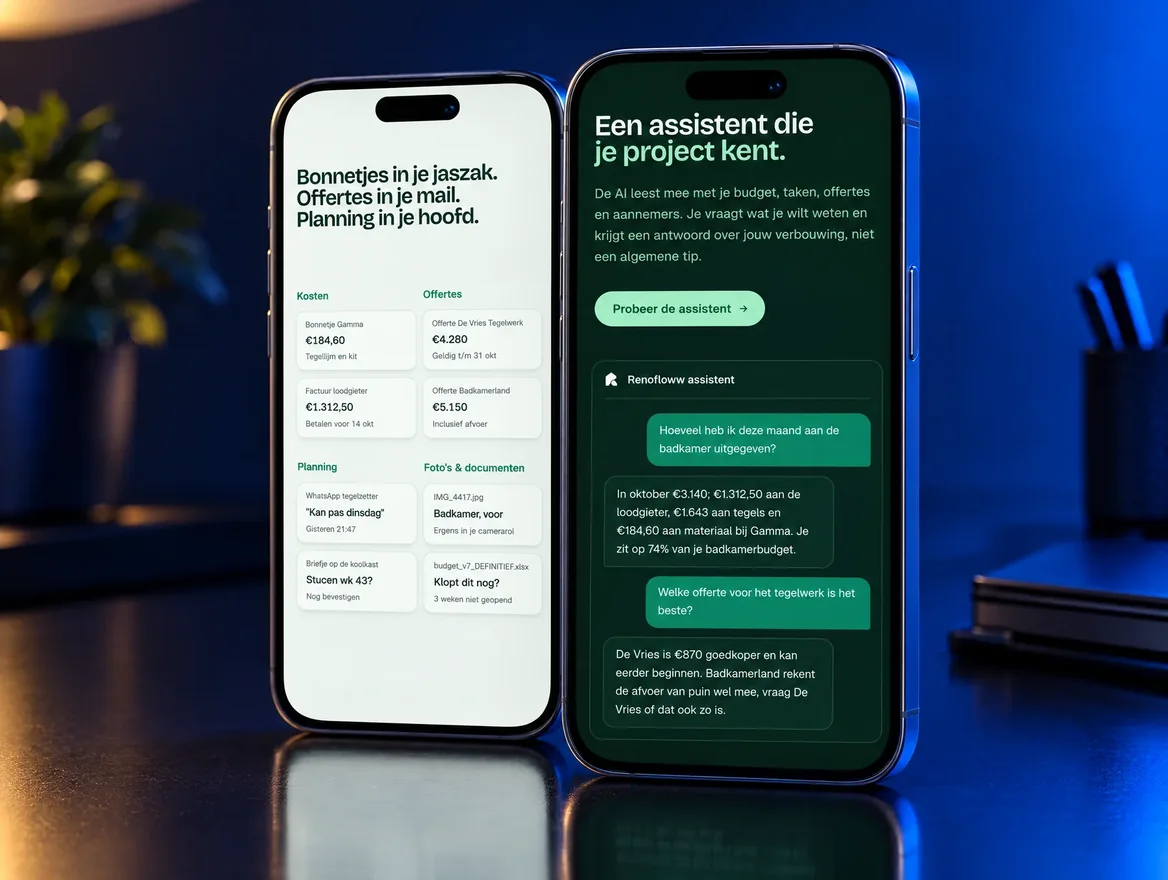 Twee telefoons met Renofloww: links het overzicht van kosten en offertes, rechts de assistent die een vraag over het budget beantwoordt