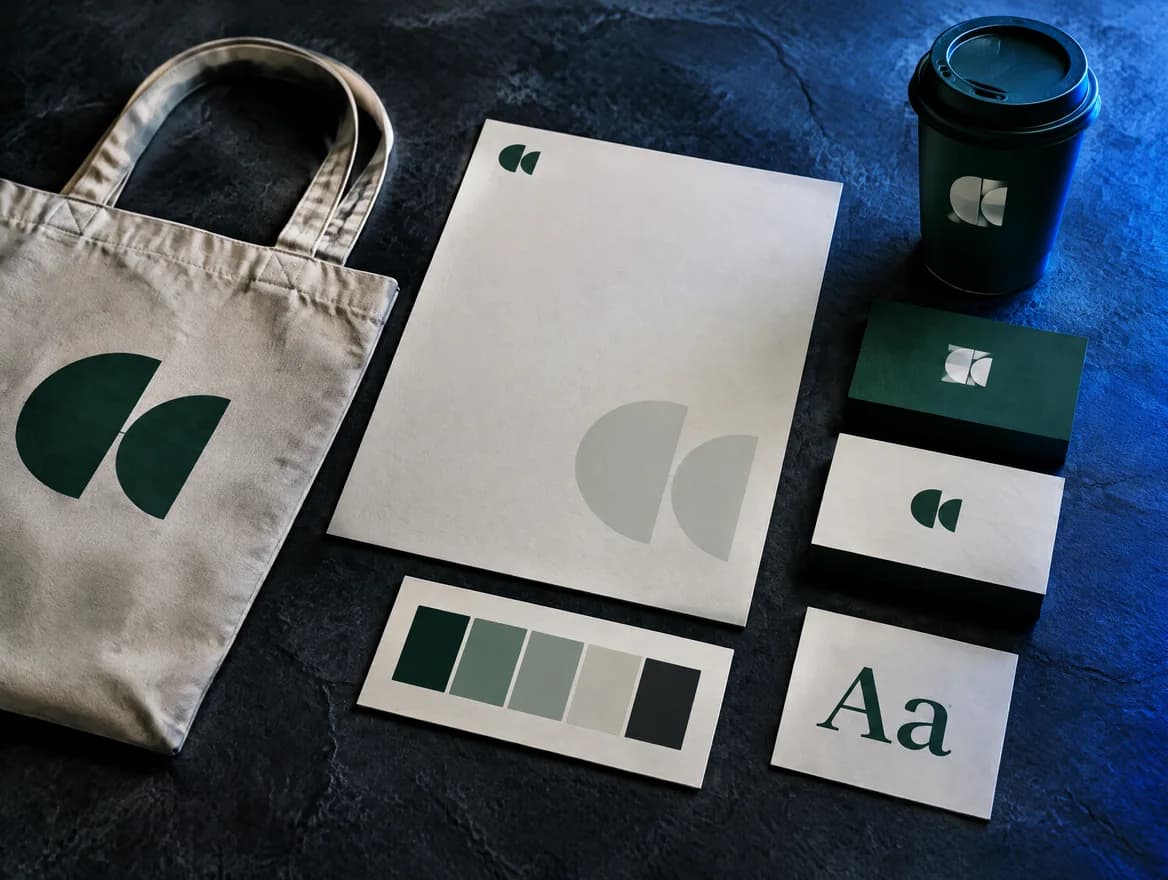 Huisstijl op een tafel: een tas, briefpapier, visitekaartjes en een koffiebeker met hetzelfde beeldmerk, naast een kleurkaart en een lettertypekaart