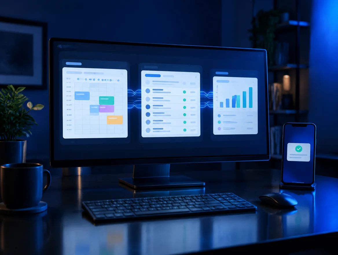 Een dashboard met agenda, facturenlijst en grafiek, met blauwe lijnen ertussen, en een telefoon met een melding dat het gelukt is