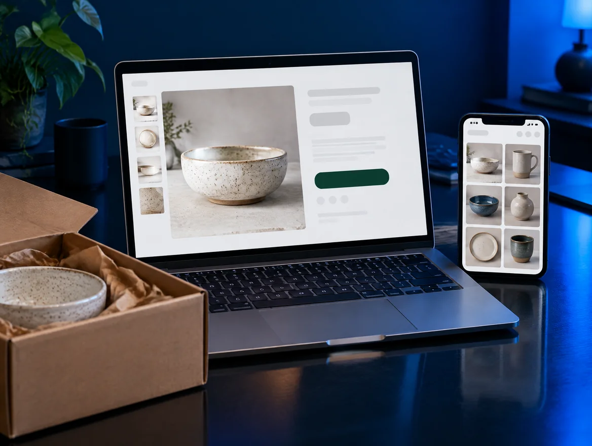 Laptop met een productpagina van een keramiekwinkel, een telefoon met het productoverzicht en een verzenddoos met een kom erin