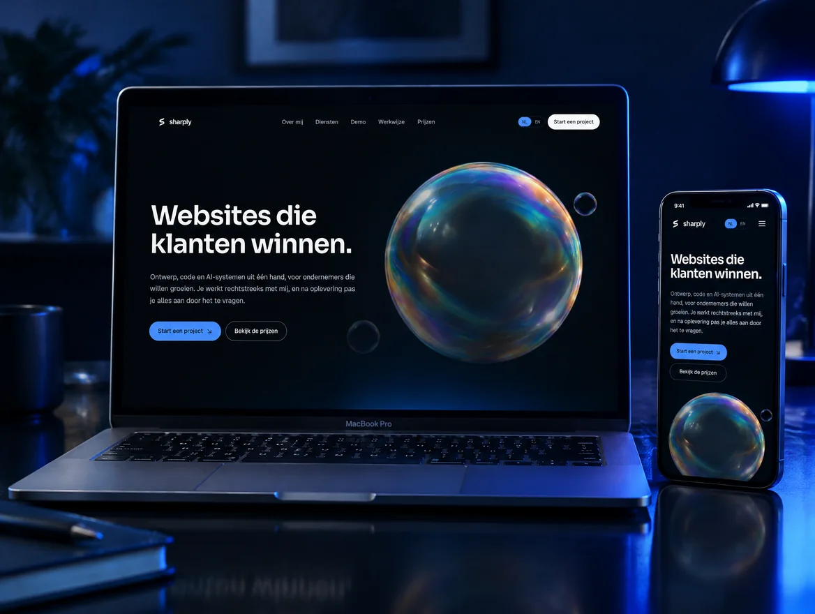 Laptop en telefoon met de homepage van deze site: de kop 'Websites die klanten winnen' naast een glazen bol