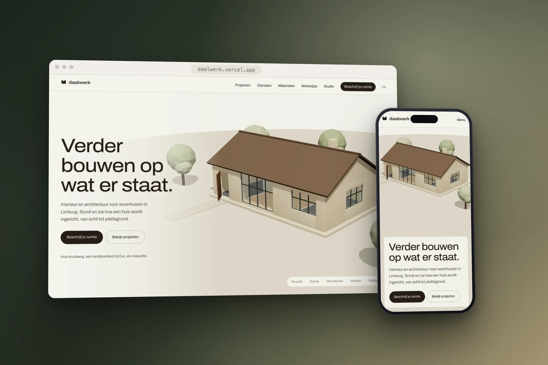 The Daalwerk homepage: a maquette of a courtyard farm beside the headline 'Verder bouwen op wat er staat'