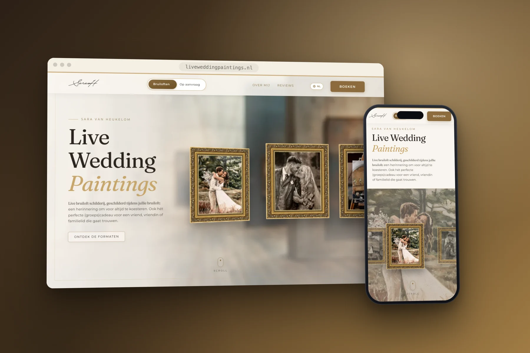 The Live Wedding Paintings homepage: three paintings in gold frames beside the name in a decorative script