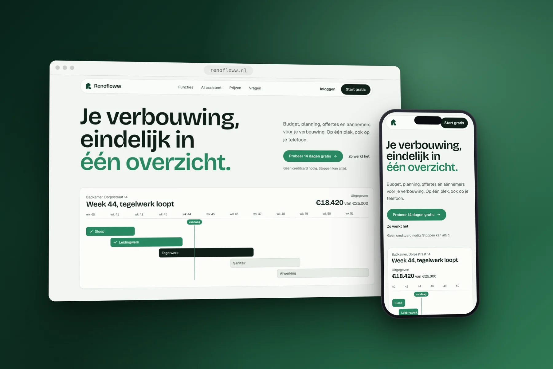 The Renofloww homepage: the headline 'Je verbouwing, eindelijk in één overzicht' above a week-by-week bathroom schedule