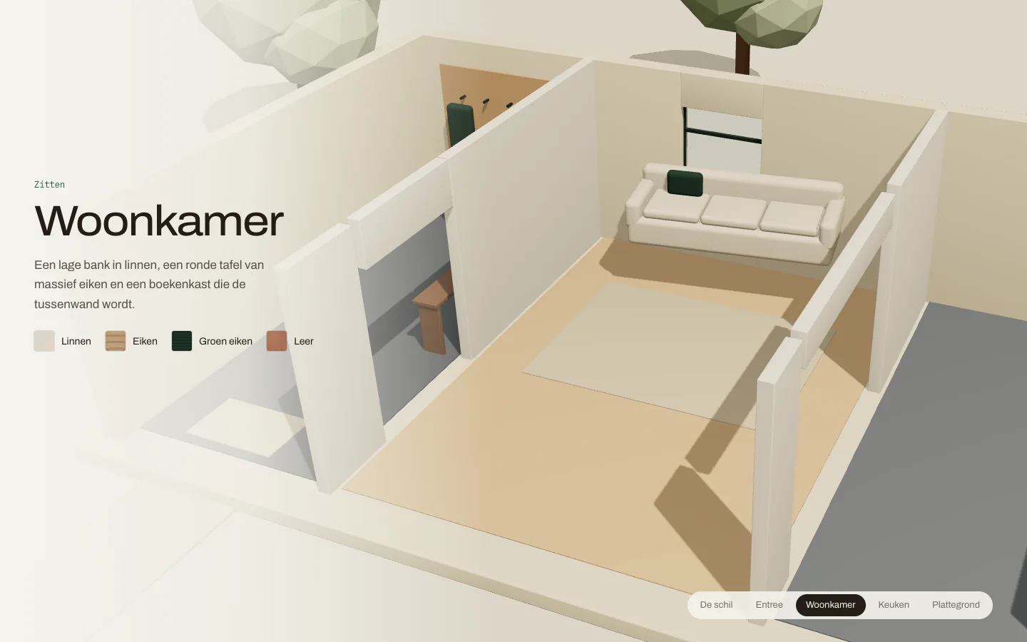 De woonkamer in de maquette van Daalwerk, met bank, ronde tafel en groene kast