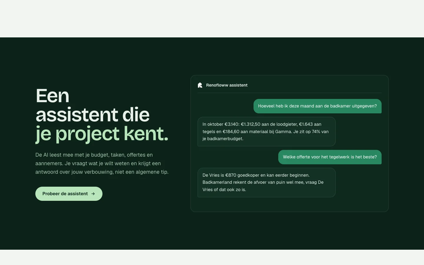 De assistent van Renofloww beantwoordt vragen over uitgaven en offertes van het eigen project