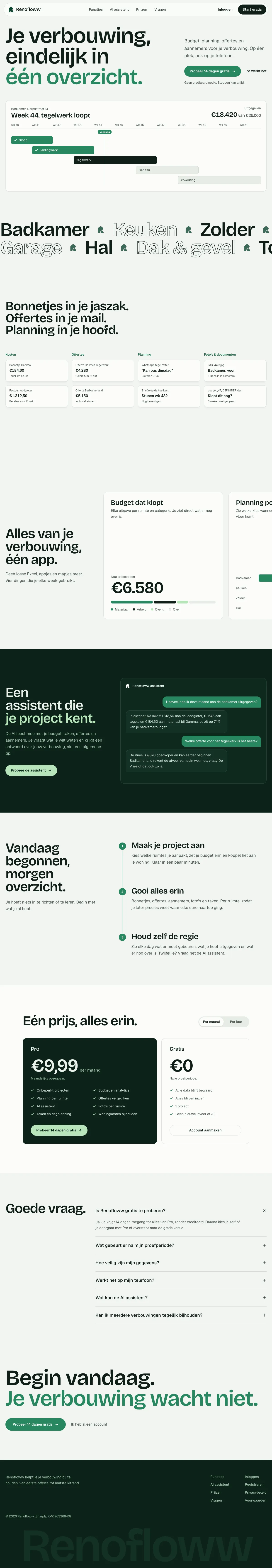 De volledige homepage van Renofloww, van boven naar beneden