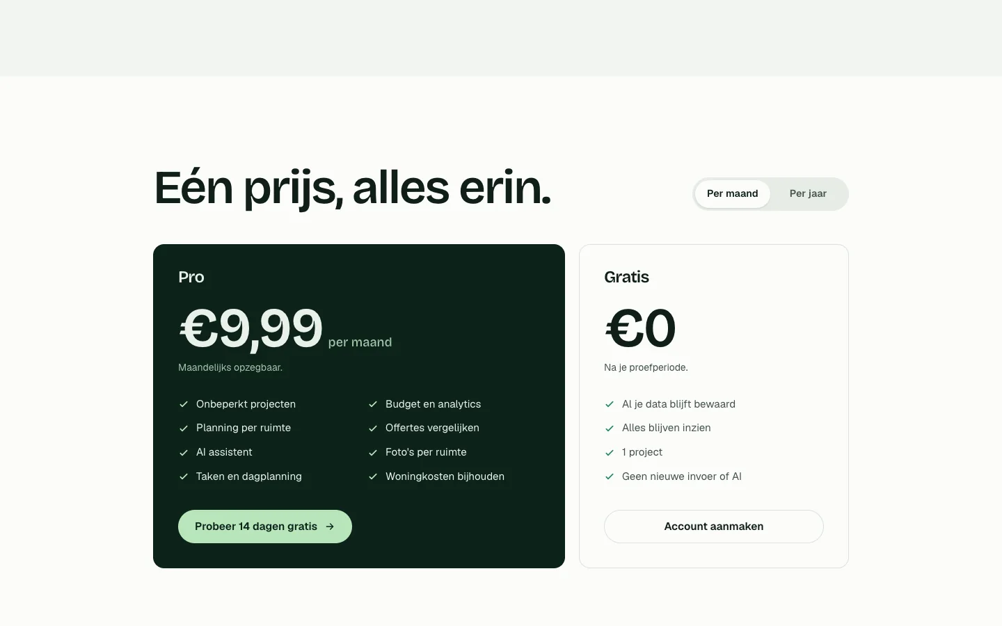 De prijzenpagina van Renofloww met het Pro-abonnement naast de gratis versie